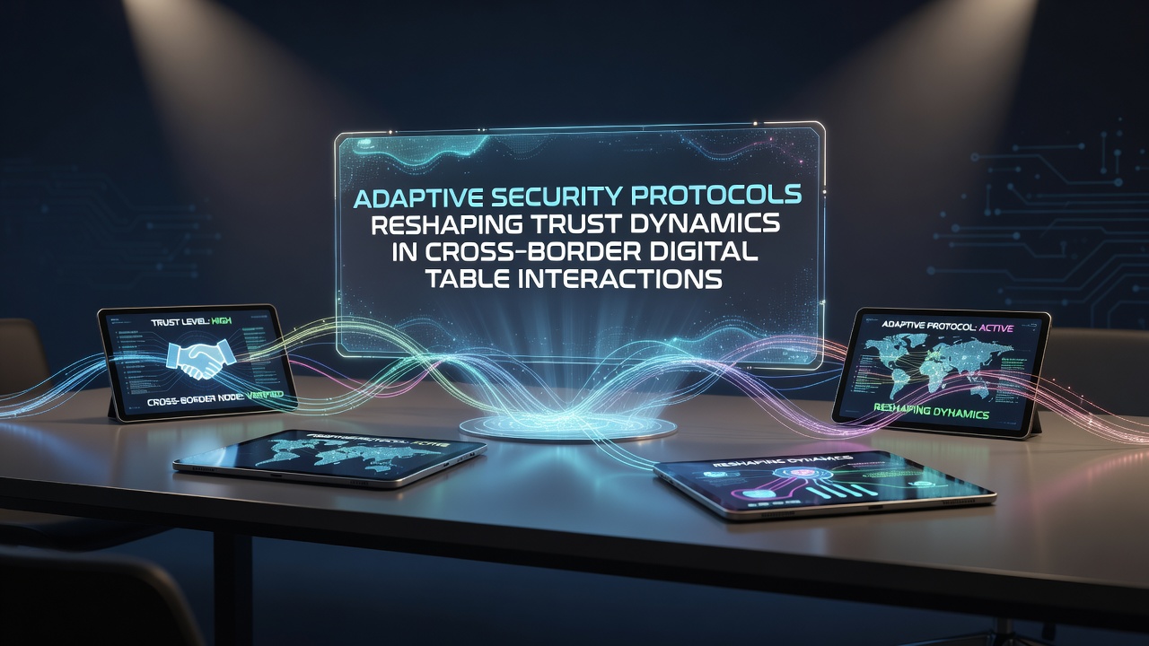 Digital interface showing adaptive security layers protecting a cross-border virtual collaboration table with encrypted data streams