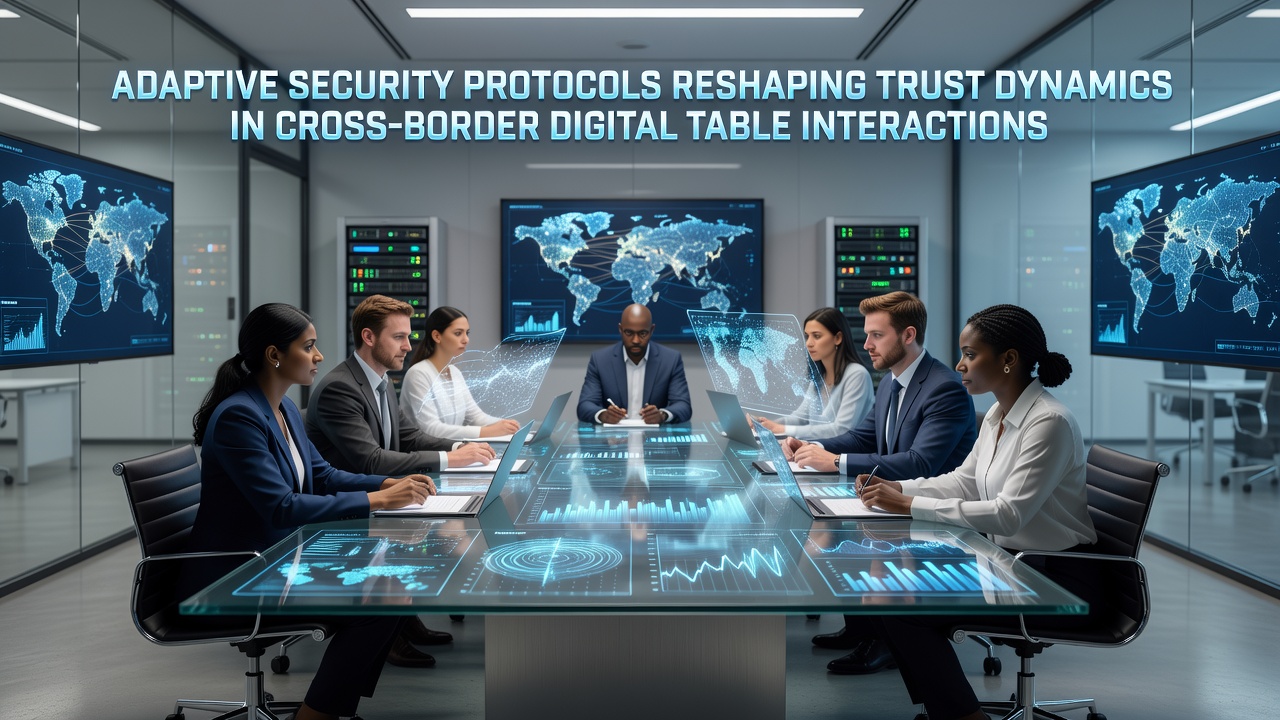 Secure virtual roundtable with participants from multiple countries connected through adaptive encryption shields and compliance indicators