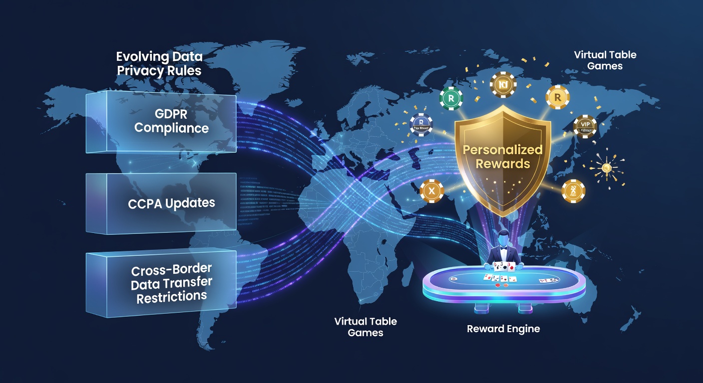 Digital illustration showing interconnected data privacy shields protecting virtual blackjack and roulette tables across global borders with personalized reward icons