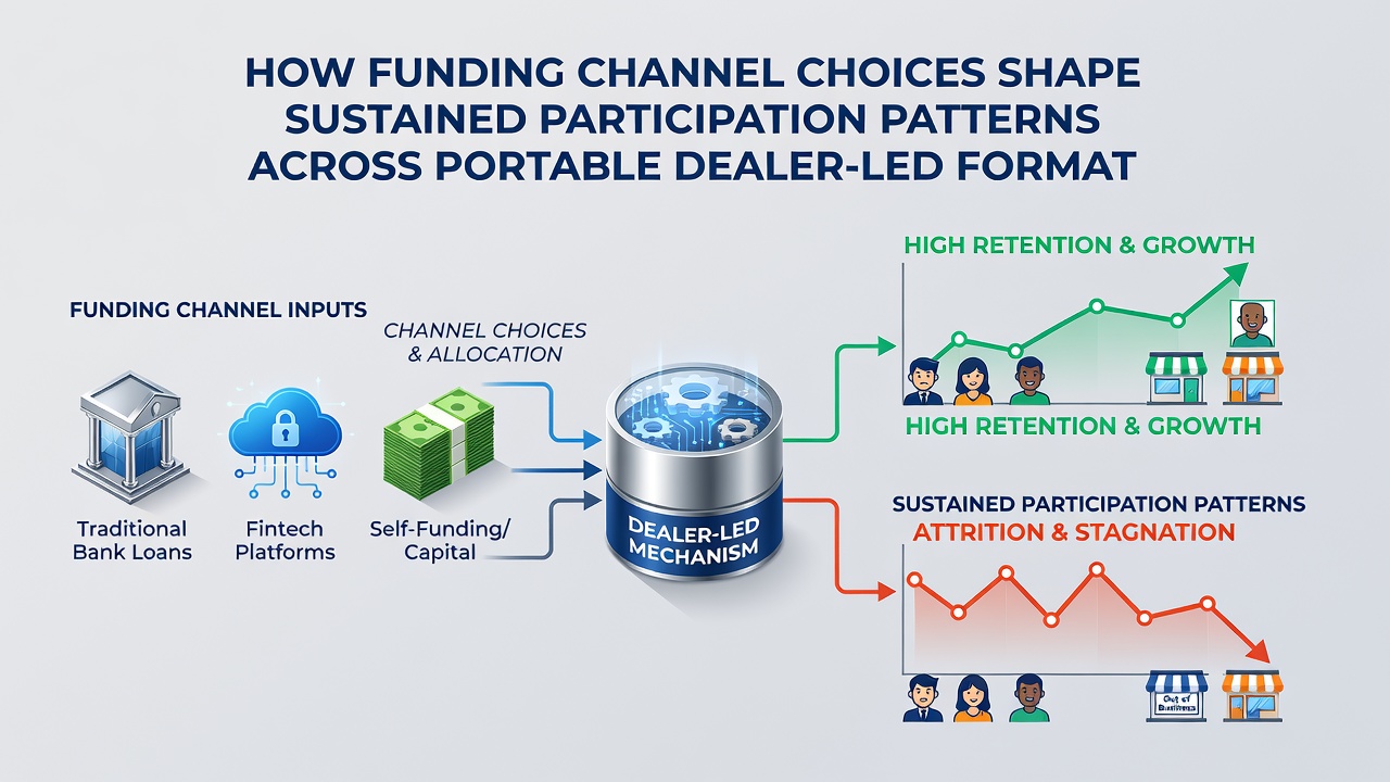Analytics dashboard displaying participation trends and funding channel distribution for mobile dealer-led games