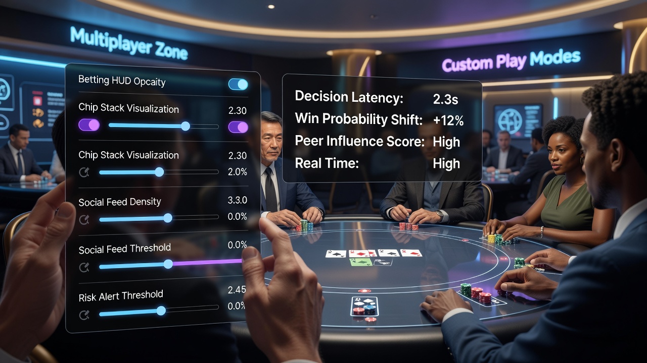 Close-up of a customizable virtual poker table with adjustable card layouts, player stats panels, and chat controls