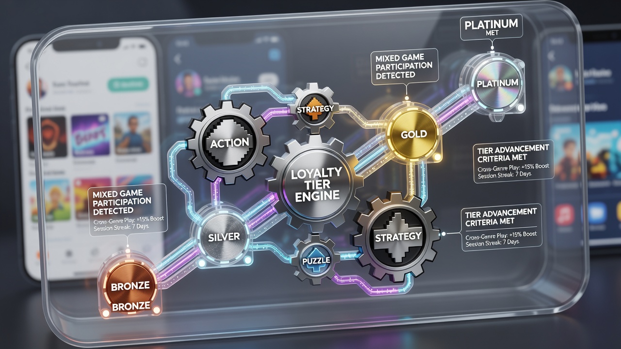 Detailed view of loyalty program dashboard highlighting tier progression from mixed mobile game activity