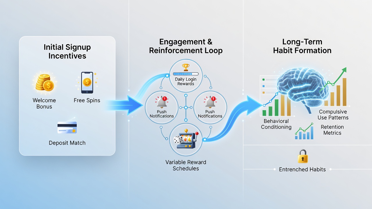 Diagram illustrating the progression from digital gambling app signup incentives through user onboarding stages toward sustained participation patterns