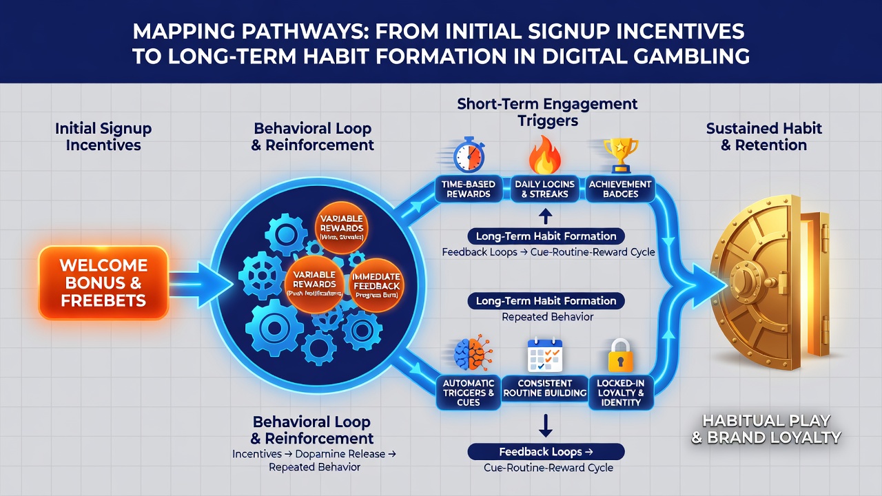 Flowchart showing reward structures evolving from signup bonuses into long-term habit formation loops within mobile gambling interfaces