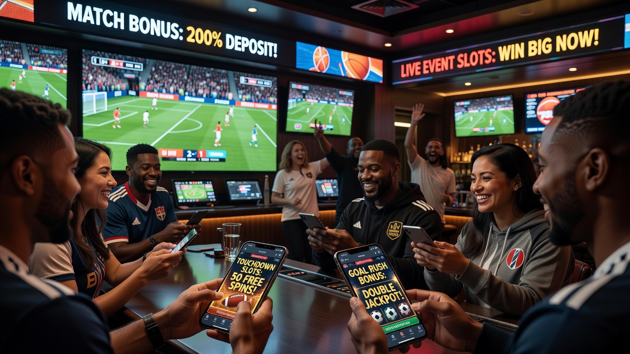 Mobile devices showing slot games during a live sports broadcast with promotional banners overlaid